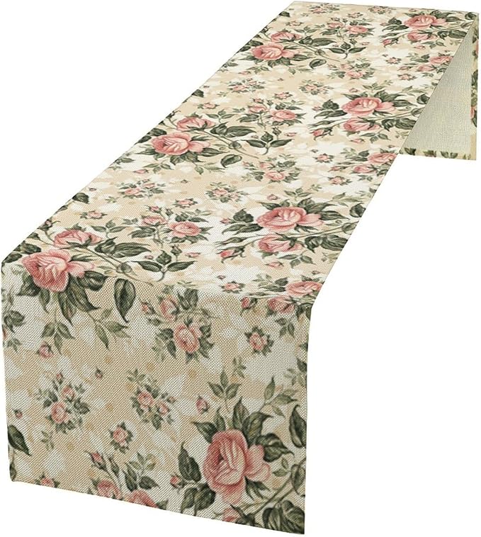 Rose Floral Table Runner,Vintage Watercolor Spring Summer Seasons Flowers Table Decoration for Wedding Holiday Indoor Outdoor Home Party 13x90in