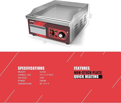 EGGKITPO 14 Inch Electric Griddle, Non-Stick Flat Top Grill Commercial Electric Countertop Griddles Stainless Steel Adjustable Temperature Control 90℉-575℉ for Home or Restaurant Use