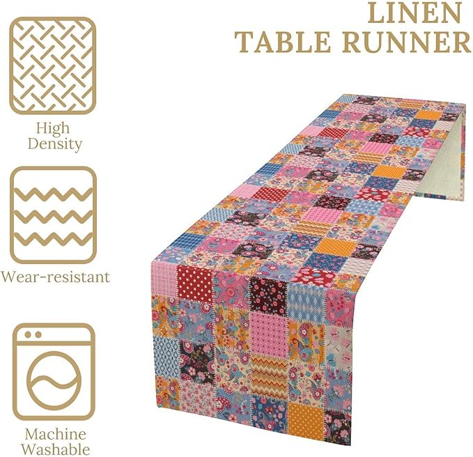 Patchwork Floral Table Runner, Patch Boho Flowers Country Wildflowers Rustic Splicing Design Pattern Table Runner for Farmhouse Kitchen Dining Home Party 13x90in