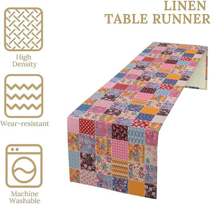 Patchwork Floral Table Runner, Patch Boho Flowers Country Wildflowers Rustic Splicing Design Pattern Table Runner for Farmhouse Kitchen Dining Home Party 13x120in