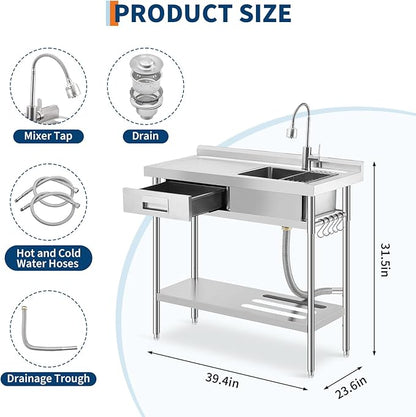 Freestanding Stainless Steel Utility Sink with Workbench, Left Drawer,39" Commercial Kitchen Sink with Faucet, Hot & Cold Water, Storage Shelf, S-Hook,Knife Holder, Adjustable Leg for Indoor Outdoor