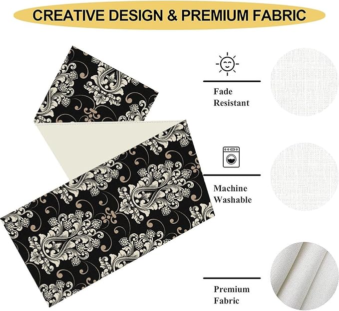 Goth Table Runner, Antique Gothic Damask Pattern Baroque Style Black Floral Flower Exotic Coffee Vintage Table Center Decor for Kitchen and Dining Outdoor Country Party Table Decorations, 13"x108"
