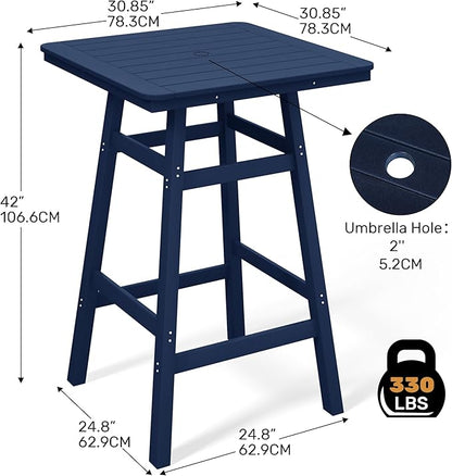 Costaelm Outdoor Bar Table, 42" Counter Height Square Patio Cocktail Bar Table with Umbrella Hole, Patio Bistro Dining Pub Table for Front Porch Deck Backyard Garden, Navy Blue