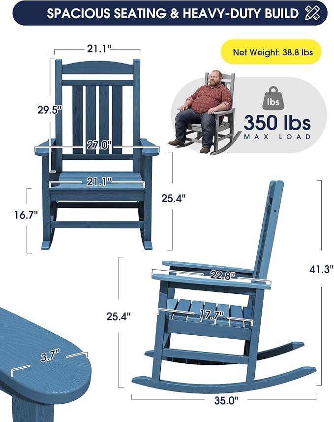 Oversized Outdoor Rocking Chairs Set of 4, Porch Rocker Unique Blue | - Image 3