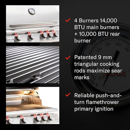 Blaze Grills Premium LTE+ | 32-Inch 4-Burner Barbecue | Built-In Propane Gas Grill | Professional Stainless Steel BBQ | Rear Infrared Burner + Rotisserie Kit | BLZ-4LTE3-LP