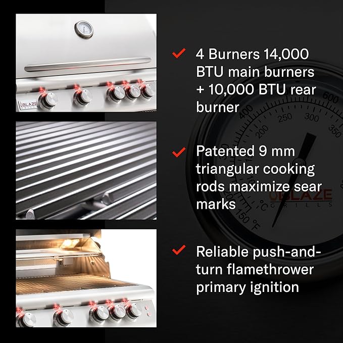 Blaze Grills Premium LTE+ | 40-Inch 5-Burner Barbecue | Built-In Natural Gas Grill | Professional Stainless Steel BBQ | Rear Infrared Burner + Rotisserie Kit | BLZ-5LTE3-NG