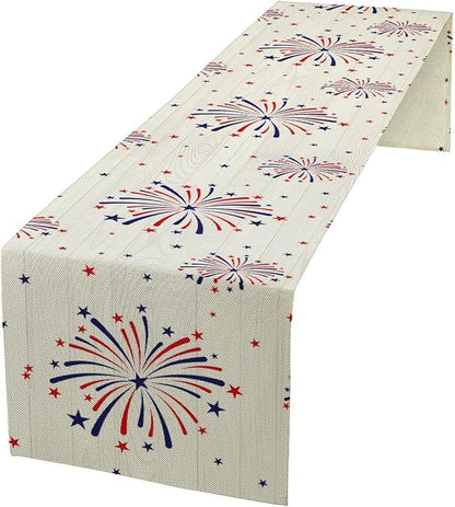 Fireworks Table Runner, 4th of July Patriotic Memorial Day American Independence Day Table Runner for Holiday Kitchen Dining Holiday 13x70in