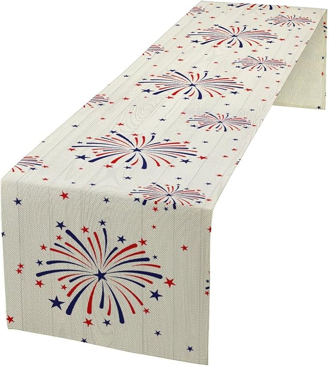 Fireworks Table Runner, 4th of July Patriotic Memorial Day American Independence Day Table Runner for Holiday Kitchen Dining Holiday 13x108in