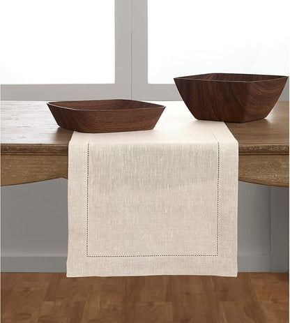 Solino Home Linen Light Natural Table Runner 108 Inches Long - 100% Pure Linen 16 x 108 Inch Table Runner for Spring, Easter - Classic Hemstitch