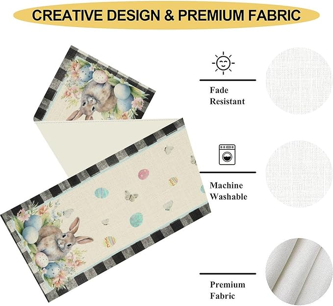 Easter Table Runner,Vinatge Black Plaid Rabbit Easter Eggs Butterflies Floral Spring Table Center Decor for Family Kitchen and Living Room Outdoor Farmhouse Party Table Decorations, 13"x90"