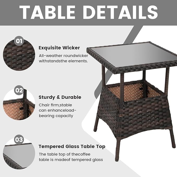 3pcs Modern PE Wicker Outdoor Rocking Chairs & Glass Table Set - Image 5