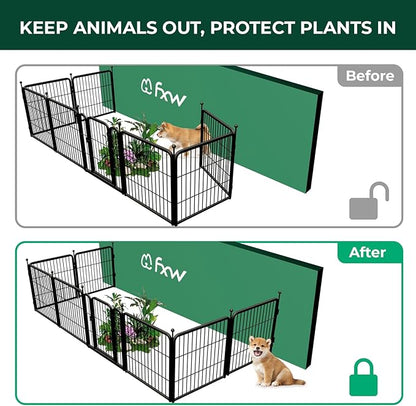 FXW Garden Fence Outdoor for The Yard – 24in(H) x 15.2ft(L) Heavy Duty Metal Animal Barrier for Dog and Rabbit, Decorative Dog Fence with Fence-to-Wall Anchor (Pack of 4), 8 Panels, Black