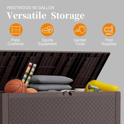 ZYJOYY 90 Gallon Resin Deck Box, Weatherproof Outdoor Storage Box for Patio, Garden, Pool, and Yard, Lockable Waterproof Bin for Tools, Cushions, and Accessories, Brown