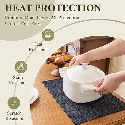 KXN Placemats Set of 6, Dual-Layer Thickened Faux Linen Table Mats, Heat Resistant & Wrinkle-Free, Machine Washable Cloth Place Mats for Kitchen Dining Indoor Outdoor (Dark Gray)