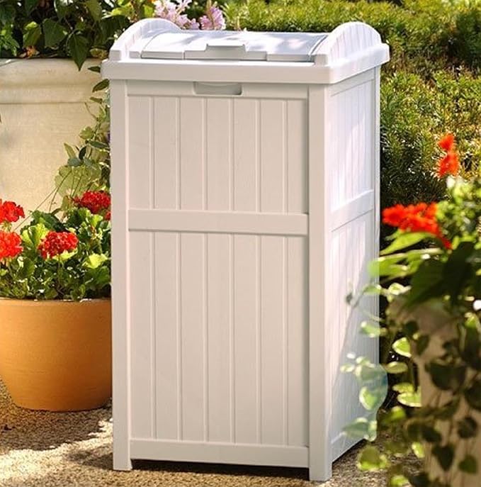 Suncast 6 Pack 15.75" x 16" x 31.6" Trash Hideaway 33 Gallon Resin Outdoor Commercial Garbage Container with Lid for Backyard, Deck, or Patio in Taupe