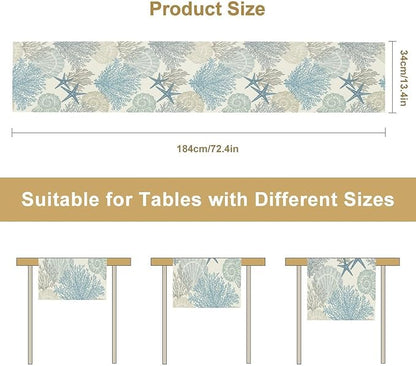 Blue Teal Coral Table Runners, Summer Beach Starfish Coastal Coffee Table Runners for Wedding Party Banquet Dining Holiday 13x36in