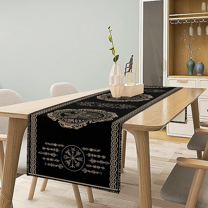 Nordic Vikings Table Runner, Viking Raven Rune Mythology Aesthetic Table Runner for Outdoor Kitchen Dining Home Party 13x36in
