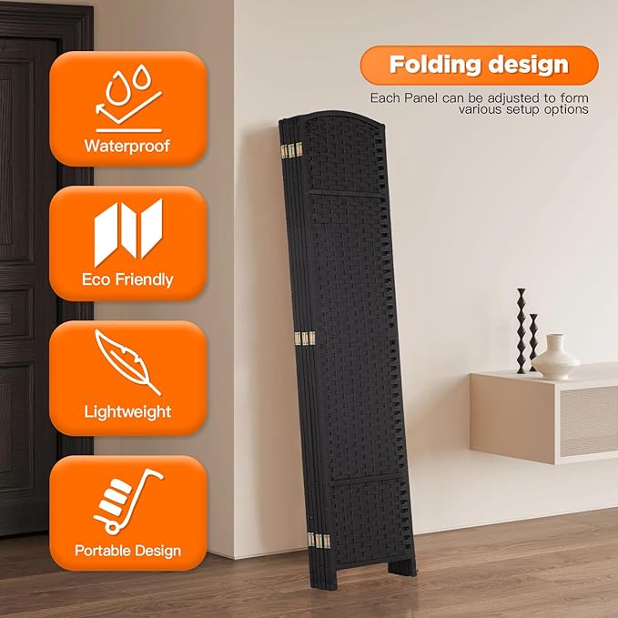Room Divider 6 Panel Screen 5.6 Ft Tall Partition Room Dividers Black Privacy Screens Folding Room Separation Free Standing Waterproof Wood Frame Wall Divider