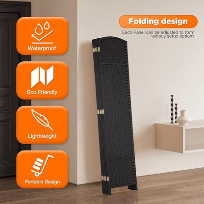Room Divider 6 Panel Screen 5.6 Ft Tall Partition Room Dividers Black Privacy Screens Folding Room Separation Free Standing Waterproof Wood Frame Wall Divider