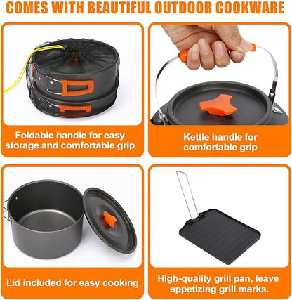 Hisencn Camping Stove,2 Burner Propane Stove,20000 BTU/h Camping Cooking set Includes Frying Pan,Kettle and Pot,Adjustable Burners & Piezo Ignition,Portable stove for camping Outdoor,Black