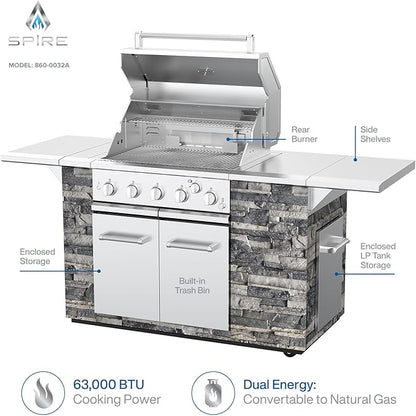 SPIRE Premium 5 Burner Built In Gas Grill Island Head, Stainless Steel 30" Barbeque Grill with Rear Burner, 63,000 BTUs, 758 SQ In Racks, Propane Grill with Dual Fuel Compatibility (Gray) – 860-0032A