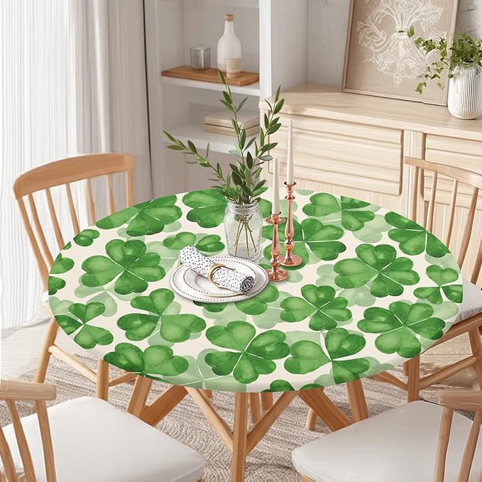 St Patricks Day Round Fitted Tablecloth with Elastic Spring Green Watercolor Shamrock Circle Table Cloth for 44-48" Tables Waterproof Washable Clover Leaf Floral Table Cover for Outdoor Picnic Dining