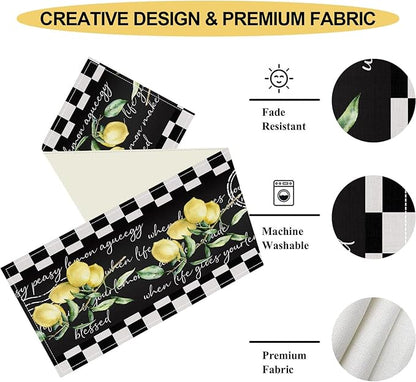 Lemon Table Runner, Farmhouse Black Buffalo Plaid Seasonal Summer Spring Fruits Rustic Coffee Table Center Decor for Home Kitchen Dining Party Patio Indoor Outdoor Table Decorations, 13"x36" Inch