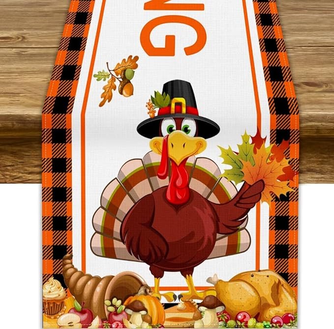 Happy Thanksgiving Table Runner, Autumn Pumpkin Maple Leaves Turkey Print Fall Harvest Holiday Kitchen Dining Table Decor for Indoor Outdoor Party, 13x120inch