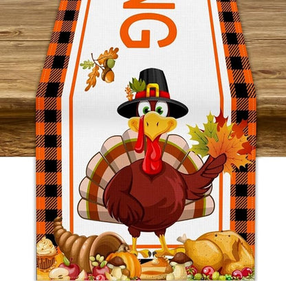 Happy Thanksgiving Table Runner, Autumn Pumpkin Maple Leaves Turkey Print Fall Harvest Holiday Kitchen Dining Table Decor for Indoor Outdoor Party, 13x120inch
