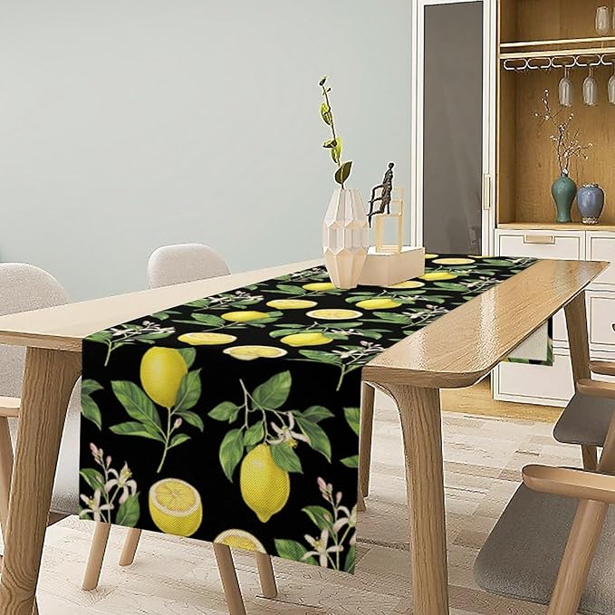 Watercolor Lemon Table Runner, Spring Summer Seasonal Green Leaves Flowers Yellow Fruits Print Table Runner for Farmhouse Kitchen Dining Table Home Party Indoor Decor 13x70in