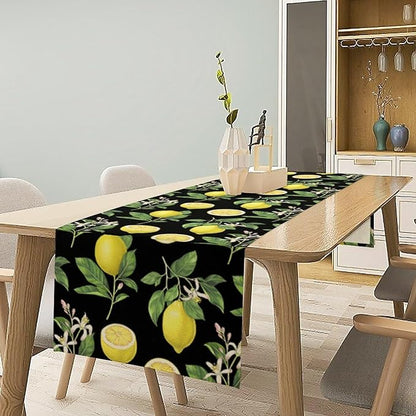 Watercolor Lemon Table Runner, Spring Summer Seasonal Green Leaves Flowers Yellow Fruits Print Table Runner for Farmhouse Kitchen Dining Table Home Party Indoor Decor 13x60in