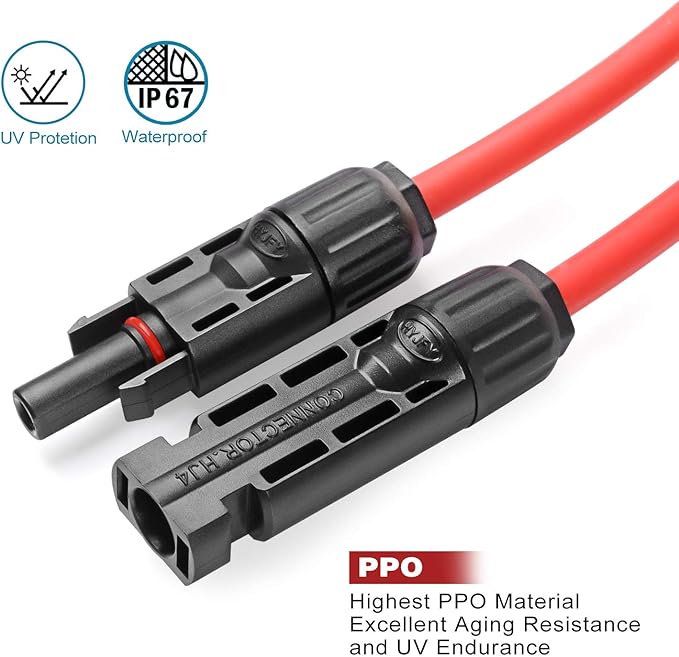 Solar Cables 10AWG Solar Panel Extension Cable,6mm² Solar Cable Wire with 1 Pair 10 Feet Black + 10 Feet Red Weatherproof Tinned Copper Extension Cable Wire Adapter Kit