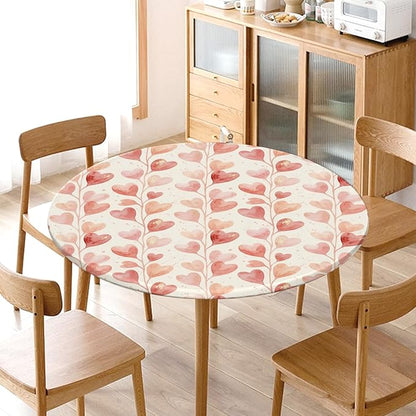 Valentines Day Round Fitted Tablecloth with Elastic Pink Love Heart Circle Table Cloth for 40-44" Round Tables Wipeable Waterproof Washable Valentine Hearts Table Cover for Picnic Dining Party Decor