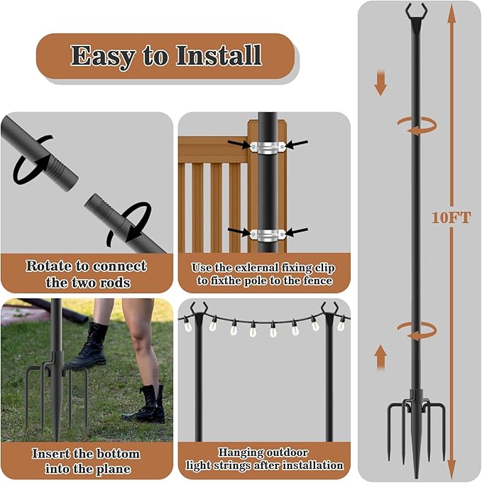 6 Pack String Light Poles,Metal Poles for Hanging Outdoor Light Strings,7 Pack 10 FT Light Poles Stand for Outside Garden,Patio,Wedding,Backyard,Deck,Party