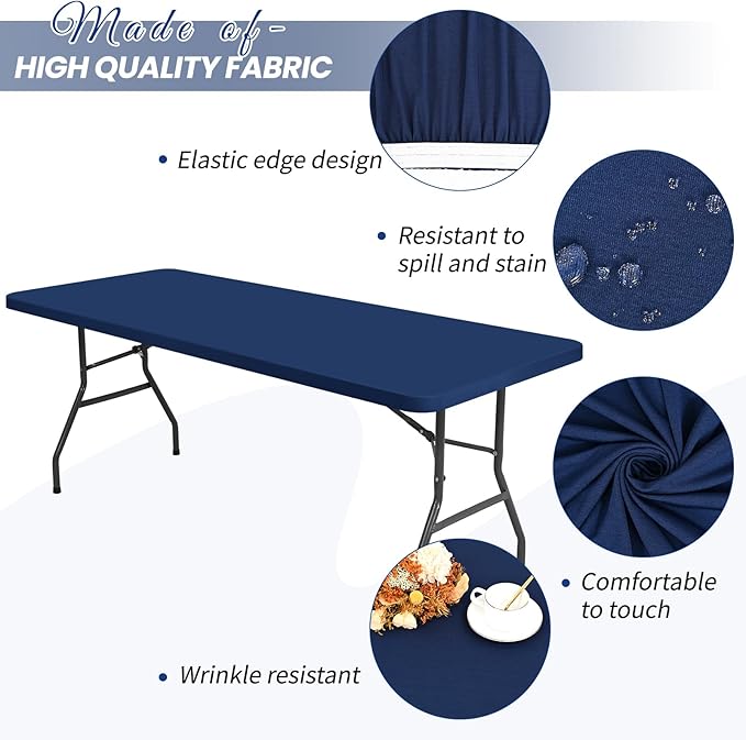 6 Pack Stretch Fabric Table Top Cap Cover, fits 6Ft Tables, Spandex Table Covers Washable Elastic Universal Rectangle Tablecloth Protector for Outdoor Party Picnic Wedding, Navy Blue, 30" W x 72" L