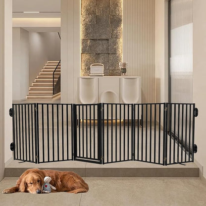 Full Metal Freestanding Dog Gates with Door, 32" Height Dog Fences for Indoor & Outdoor, Extra Wide Foldable Pet Gates for Stairs, Hallways, Doorways, Yard (6 Panels, 120" W × 32" H)