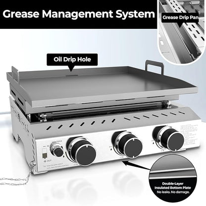 R.W.FLAME 3 Burner Tabletop Propane Griddle, 25" Stainless Steel Gas Griddle, 24,000 BTU Flat Top Grill for Outdoor BBQ,Camping & Patio Gatherings