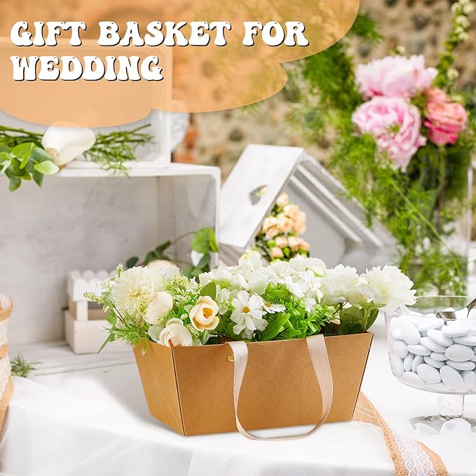 Tuanse 30 Pcs Basket for Gift Empty DIY Bulk Gift Basket Kit with Handle Kraft Cardboard Tray with 30 Bag 30 Bow Market Tray for Wedding Party(Brown,12.6 x 9.8 x 5.9 in)