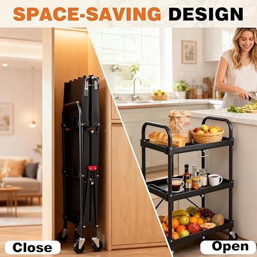 DUMOS 3-Tier Foldable Utility Cart Set of 2, Collapsible Service Cart with 4 Swivel Wheels & Brakes, 120LBS Capacity & Collapsible Storage Rolling Cart for Kitchen, Office, Garden, Garage, Black