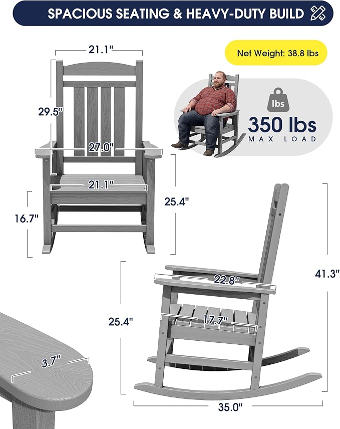 Oversized Outdoor Rocking Chair Set of 6, Porch Rockers, Light Gray | - Image 2