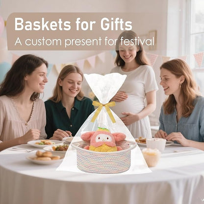 Woven Basket,Small Rope Storage Bin with Handles & Ribbon Bag, Organizer for Shelves Closets,Gift Basket Empty for Birthday,Books,Dog Toys, Colorful/2 Pack