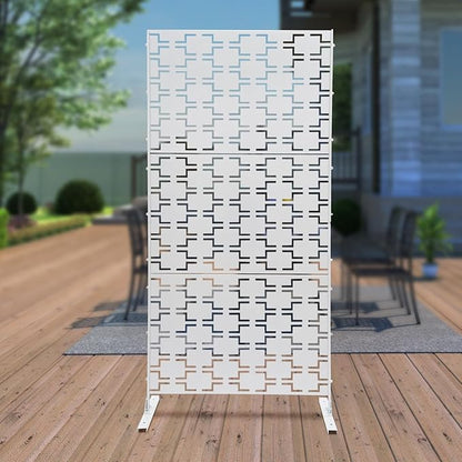 Outdoor Metal Privacy Screen with Stand, 35.4" W x 75" H Freestanding Metal Slatted Decorative Privacy Screen and Panels for Patio Garden Balcony Porch (White Rectangular)