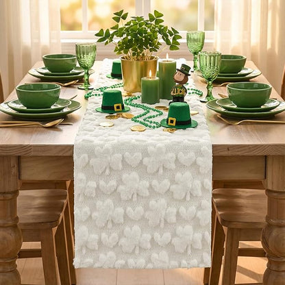 Artoid Mode White Soft Plush Faux Fur Jacquard Heart Clover St. Patrick's Day Table Runner, Seasonal Kitchen Dining Table Decoration for Home Party Decor 13x48 Inch