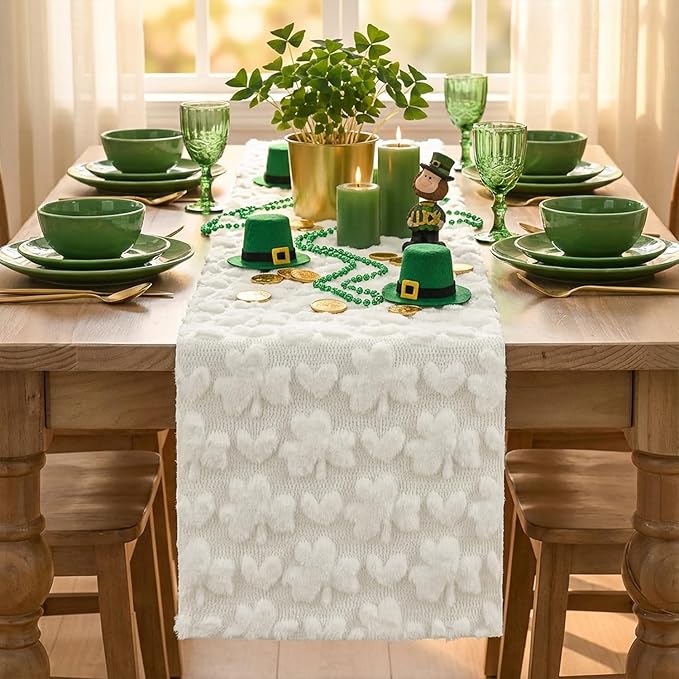 Artoid Mode White Soft Plush Faux Fur Jacquard Heart Clover St. Patrick's Day Table Runner, Seasonal Kitchen Dining Table Decoration for Home Party Decor 13x90 Inch