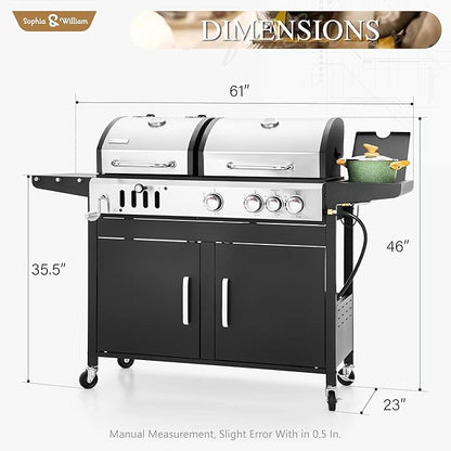 Sophia & William Charcoal and Propane Gas Grill Combo with Side Burner & Porcelain-Enameled Cast Iron Grate, Dual Fuel BBQ Grill for Outdoor, Barbecue Grill, 690 SQIN Cooking Area