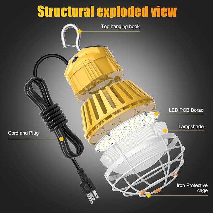 LED Temporary Work Light 100W, 13000LM 5000K Portable Hanging Construction Light with 10ft Cable Plug and Sturdy Hooks Linkable LED Work Light for Job Site Lighting, Workshop, Garage ETL Listed