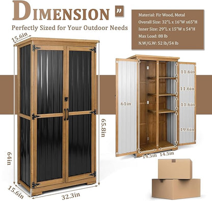 Outdoor Storage Cabinet, Wood & Metal Storage Shed with Weather-Resistant Roof, Removable Shelves, Lockable Doors, Outside Storage Tool Organizer for Garden, Patio, Backyard, Garage, Pool