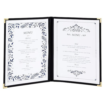 Juvale Clear Menu Covers 8x11 in 4 View - 12-Pack, Letter Size Black PU Leather - Double Panel Clear Sleeves & Gold Metal Corners - Menu Holders for Restaurants & Bars