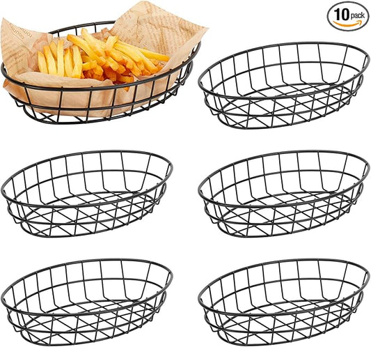 10 Pack Metal Fast Food Oval Baskets, Wire Bread Basket for Serving, Reusable Chip Burger Fruit Vegetables Bowl Storage for Kitchen Table, Restaurants, Snack Bar, 9.5" x 6.3" x 2"