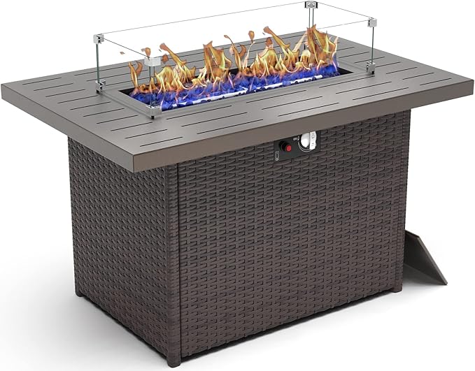 44 Inch Propane Gas Fire Pits Table for Outside Patio, 60000 BTU Rectangular Outdoor Wicker Rattan Fire Pit with Glass Wind Guard